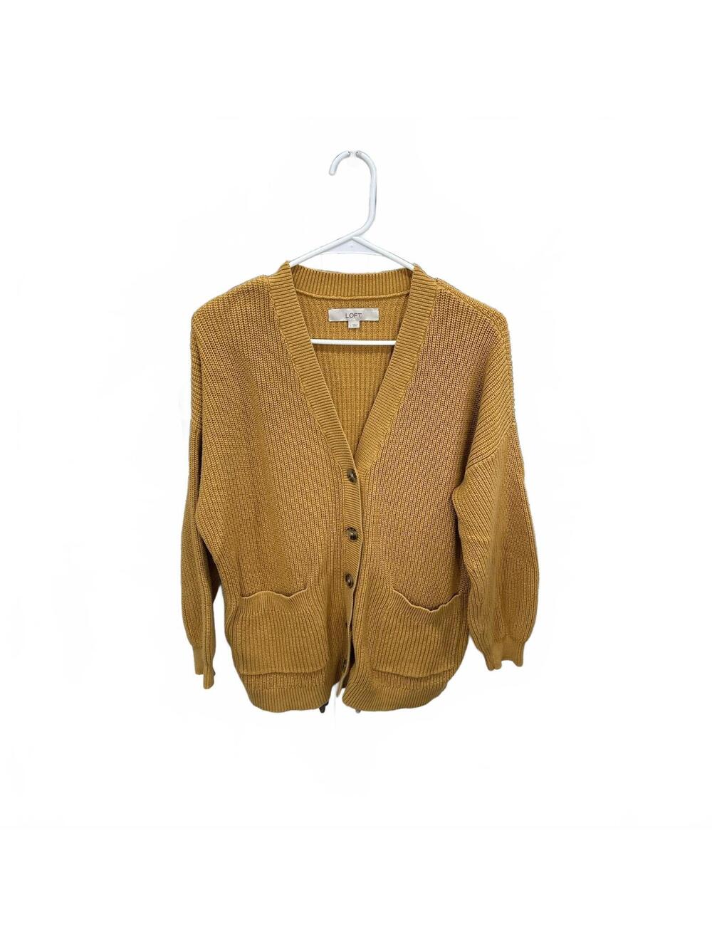 LOFT Mustard Chunky Knit Cardigan Sweater Women's L Cotton Blend Cottage Granny - Picture 2 of 7